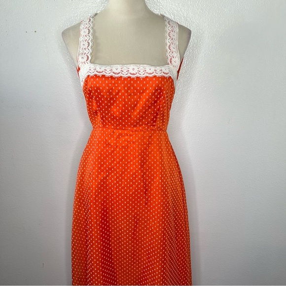 VINTAGE 1970s Lorrie Deb Maxi Dress Orange Prairie Full Gown 70s Calico Hippie - Picture 2 of 12